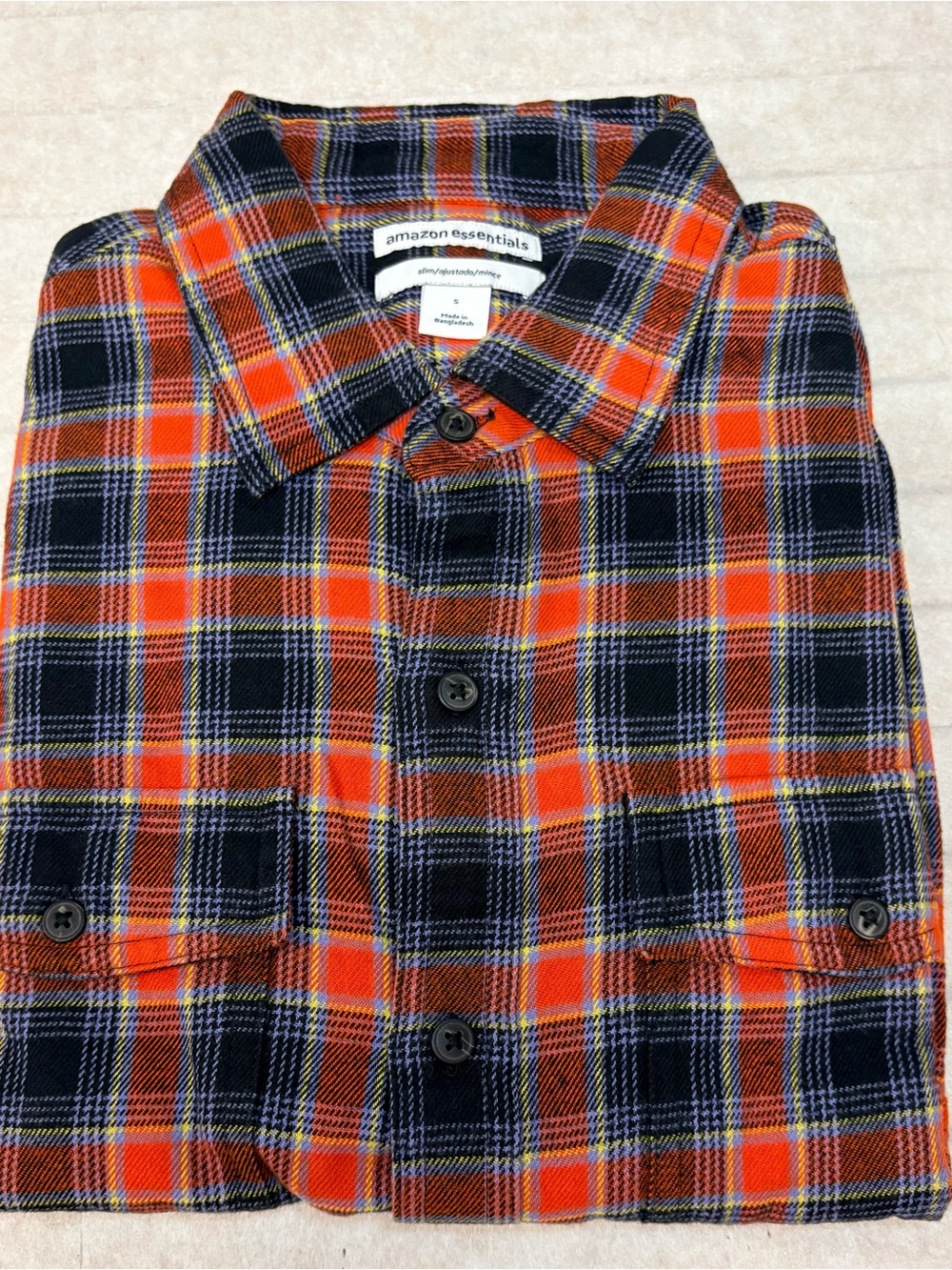 Amazon Essentials Orange and Black Plaid Casual Button-Down Shirt